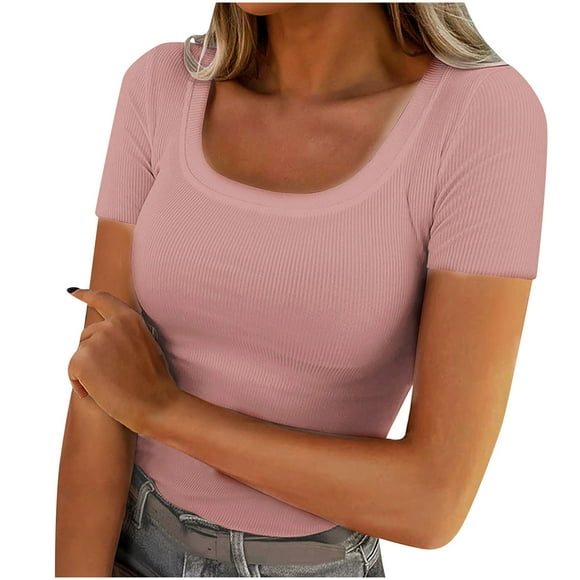 Brnmxoke Knitted Shirts for Women Summer Plus Size Stretch Short Sleeve Tops Casual Scoop Neck Ribbed Slim Fitted Basic Tee Pink,M