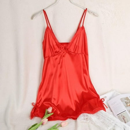 Deepwonder Women Sexy Lingerie Satin Silk Robe Suspenders V-neck Nightgown Dress Babydoll Nightwear Sleepwear