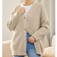 thumbnail image 3 of Jersey de mujer de color liso con escote en V y botones a juego sencillos de estilo europeo y estadounidense, 3 of 5