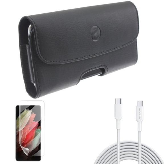 10ft Long Type-C Cable & Matte Screen Protector & Case Belt Clip for Samsung Galaxy S21 Ultra Phone - Fast Charger Cord PD & TPU Film Anti-Glare & Leather Holster Accessory Bundle