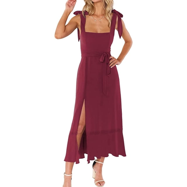 Robes de Demoiselle d'Honneur pour Femmes Col Carré à Volants Fendue Robe Midi Bretelles Larges Réglables Robe d'Été avec Ceinture pour Invité de Mariage