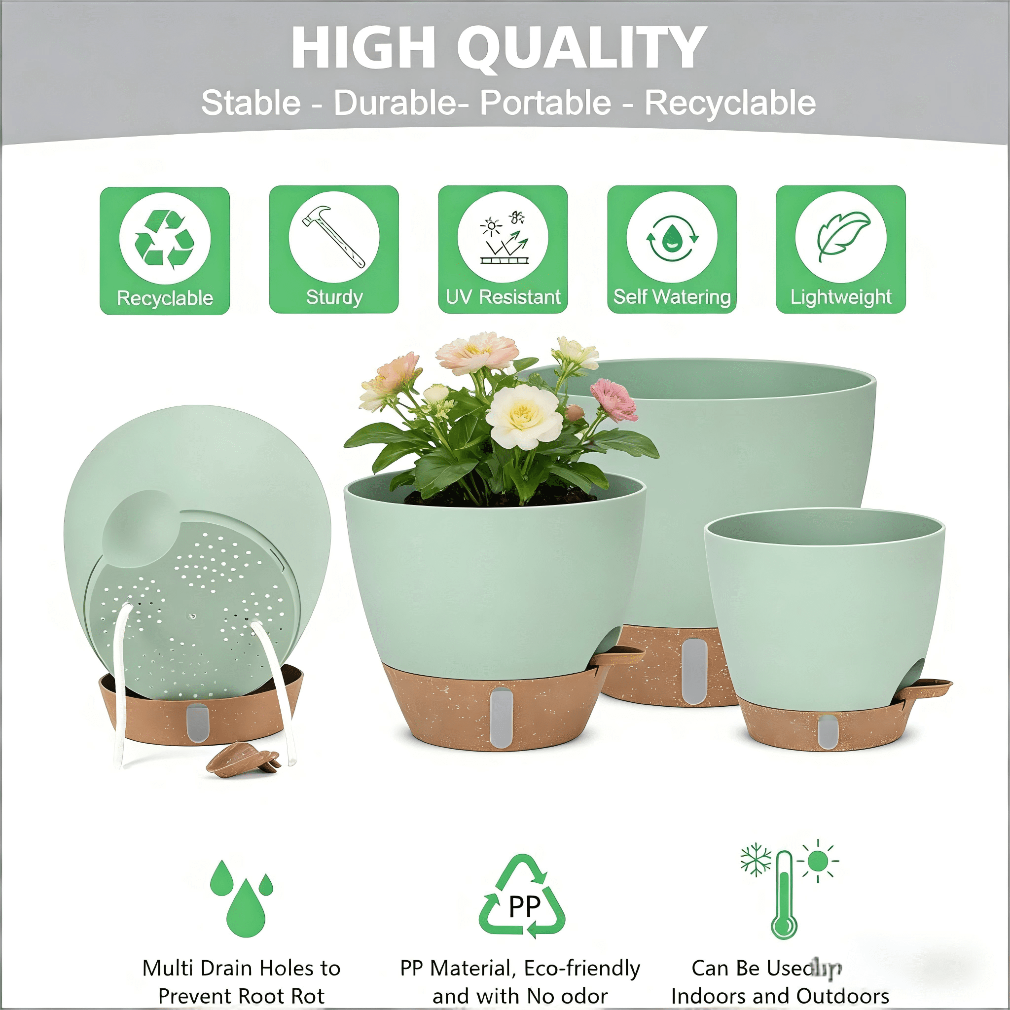 Lopxenu 12" 10" 9" 8" Self Watering Pots with Water Level Indicator, Large Plastic Planters Set with Drainage Hole and Removable Saucer Reservoir, Big Flower Pot for Indoor Outdoor Plants (Green)