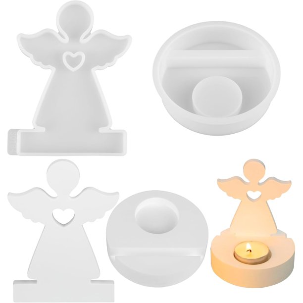 Molde de silicona con forma de ángel, 2 moldes de silicona, molde de silicona 3D, soporte para velas con base, combinación de moldes de silicona para tiritas, velas, decoraciones de Pascua y