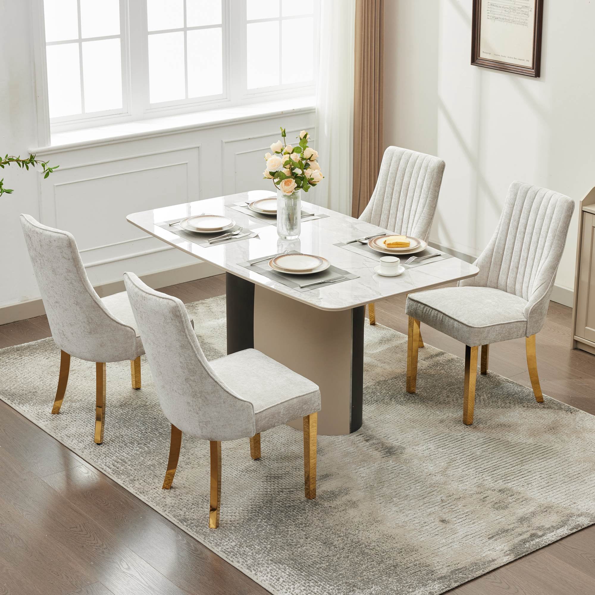 Aukfa Modern Chenille Dining Chairs Set of 2, Upholstered Kitchen Side Chair Accent Chair w/ Golden Steel Legs,Beige