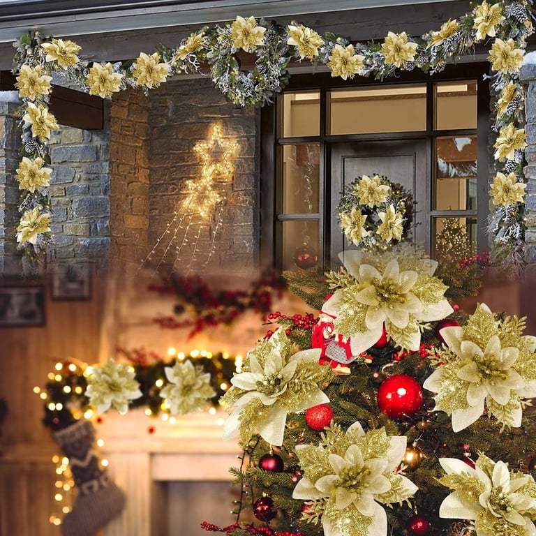 Gold Glitter Poinsettia Christmas Flowers - 12 Pack, 15cm (6 Inch) Artificial Fabric Flowers For Tree, Wreath, Decor