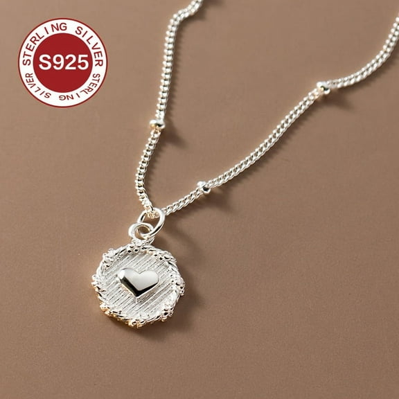 925 sterling silver round heart pendant necklace, sweet Bohemian style, ladies simplicity lace collapsed chain, Valentine's Day and Mother's Day gift,Silver