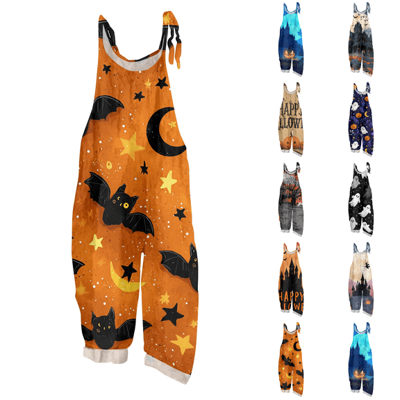 2026 New Halloween Overalls for Women LinenSleeveless Plus Size Floral Print Jumpsuits Spaghetti Strap Rompers Spring Summer