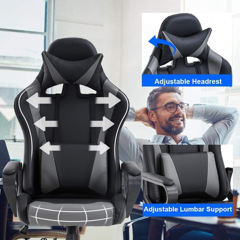 Dkelincs Gaming Chair for Teens PU Leather Computer Chairs with Headrest,Waist Pillow and Quiet Rolling Wheels, Gray