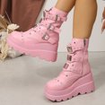 thumbnail image 3 of SACFOF Women's Pink Platform Boots Wedge Combat Gothic Chunky Heel Lace Up Mid Calf Punk Motorcycle Shoes, 3 of 6