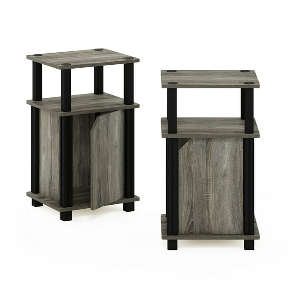 Furinno Brahms 3-Tier End Table with Door Set of 2, French Oak, Black
