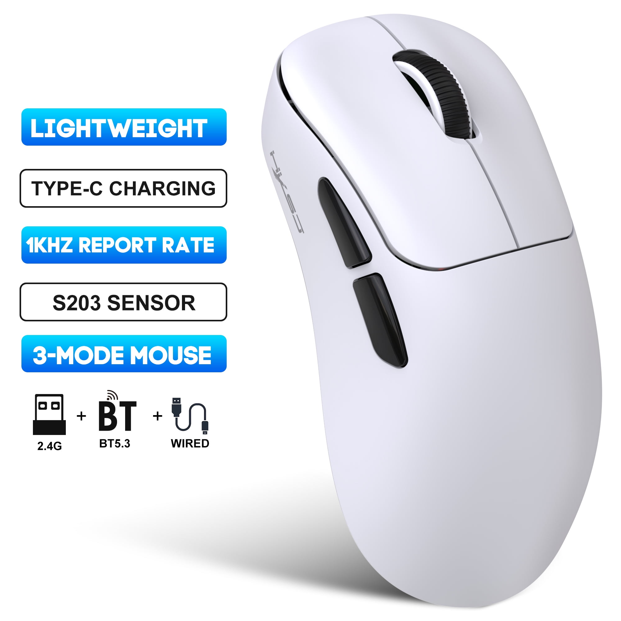 Wireless Gaming Mouse with 57g Lightweight Design,10000DPI,3 Mode USB-C/2.4G/Dual Bluetooth 5.3,Portable Rechargeable Mouse for PC/Mac/Laptop Gamer/White