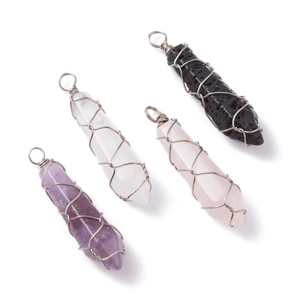 Natural Mixed Gemstone Pointed Pendants with Platinum Tone Copper Wire Wrapped Faceted Charm 37~40.5x9~9.5x9mm Hole: 2.5~3.5mm Mixed Stone