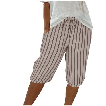 KIHOUT Bermuda Shorts for Women Knee Length Womens Casual Summer Striped Elastic Loose Shorts with Pocket, Size S-3XL