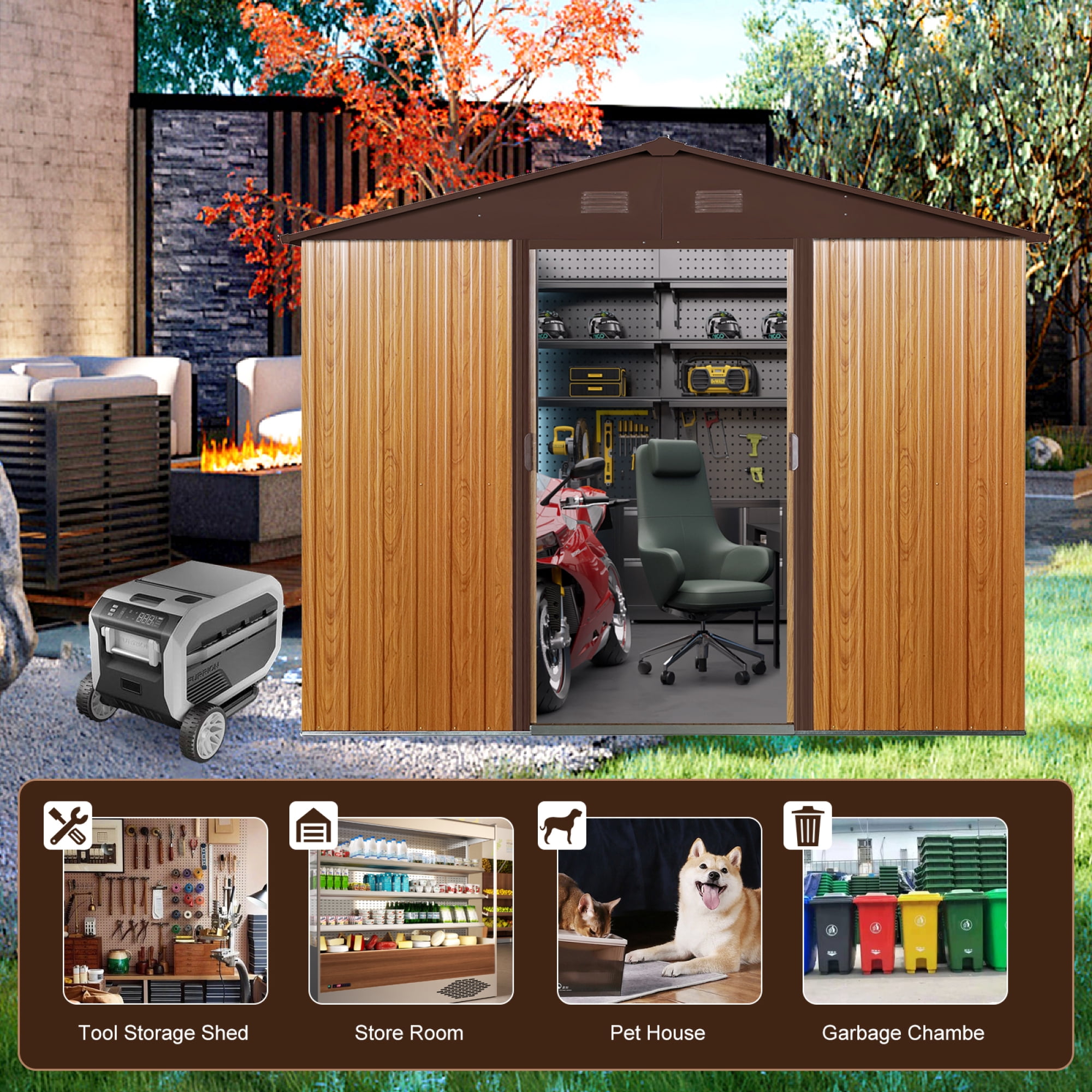 Jopath 8ft x 6ft Outdoor Metal Storage Shed with Sliding Door and Foundation for Backyard, Patio, Lawn (Coffee)