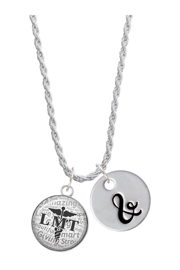 Silvertone Domed Black LMT Silvertone Script Initial Disc - & - Charm Necklace, 20"+3"