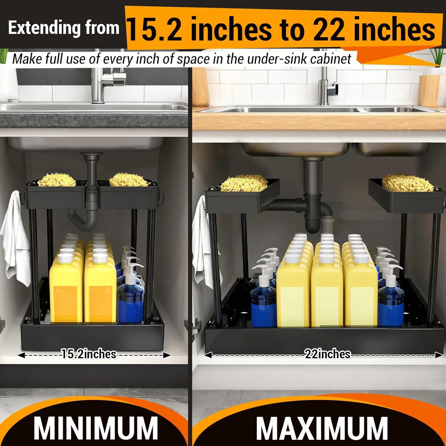 Expandable Under Sink Organizers and Storage, 2 Tier Pull Out Cabinet Organizer with 3 Ball-Bearing Slides, Metal Slide Out Drawers for Kitchen Bathroom, White