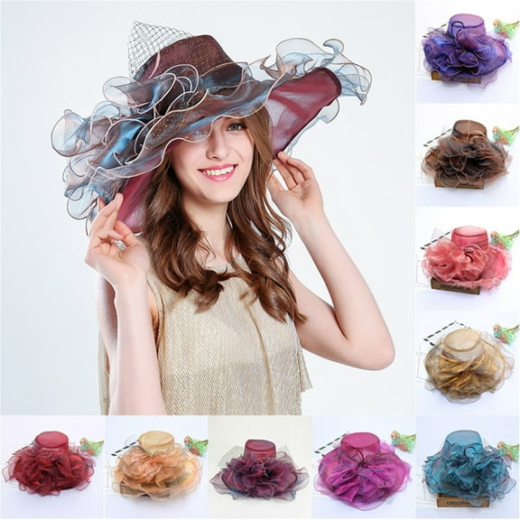 Jinhomg Women Hats Elegant Wide Brim Organza Fascinator Church Hat 2025 Fashion Floral Mesh Tea Party Wedding Hat Casual Spring Summer Vacation Hat 90% off Clearance Sale Blue Free Size