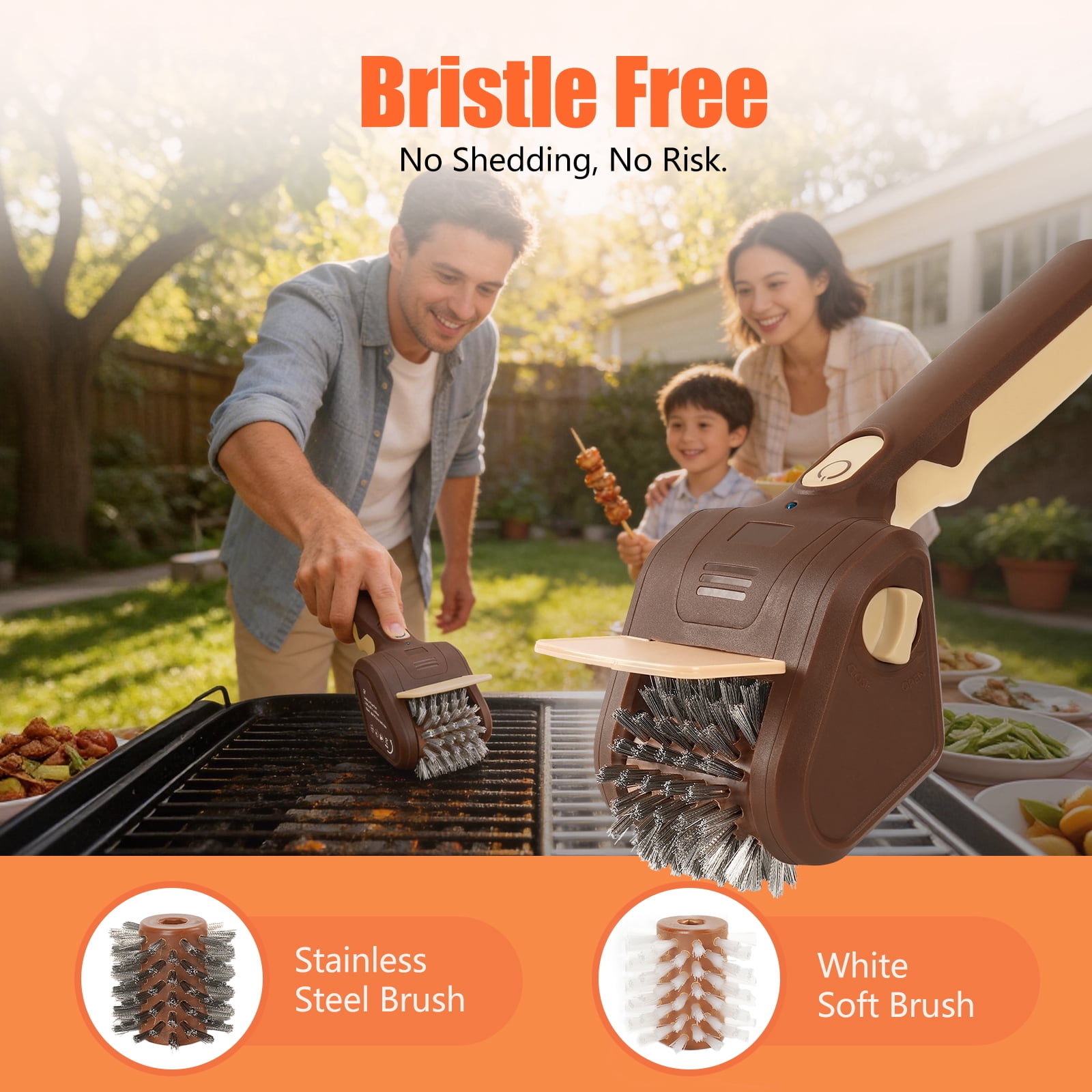 BBQ Grill Brush Cordless, 700 RPM Electric Grill Cleaner with Stainless Steel Brush, Rechargeable Outdoor Grill Cleaning Tool (Brown)