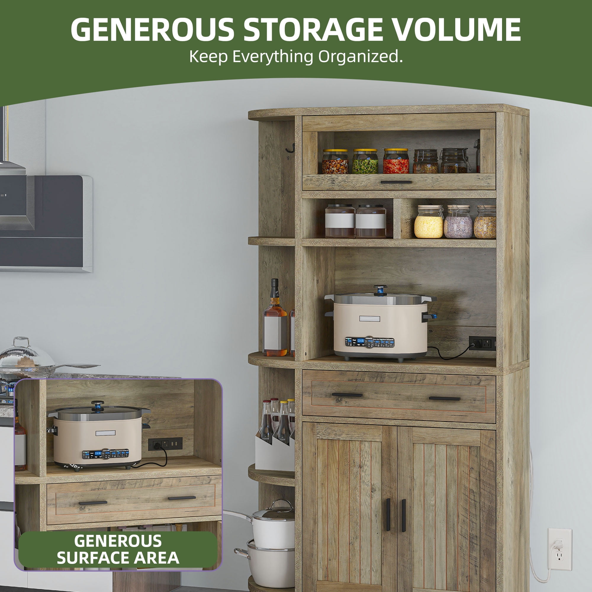 Uforic 67"H Pantry Storage Cabinet with Power Outlets, Kitchen Cabinet with Doors & Drawer, Ash Gray