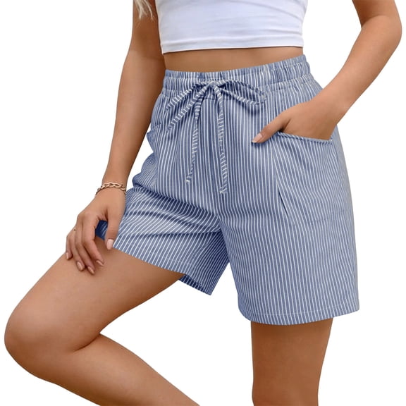 Erwazi Womens Cotton Linen Shorts Drawstring Waist Stripe Casual Mid Length Shorts with Pockets