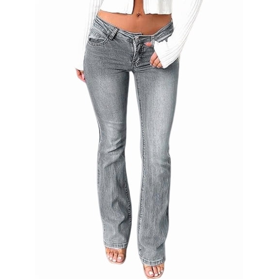 Women'S Stretch Low Rise Double Button Elastic Skinny Vintage Flare Jeans Gray L