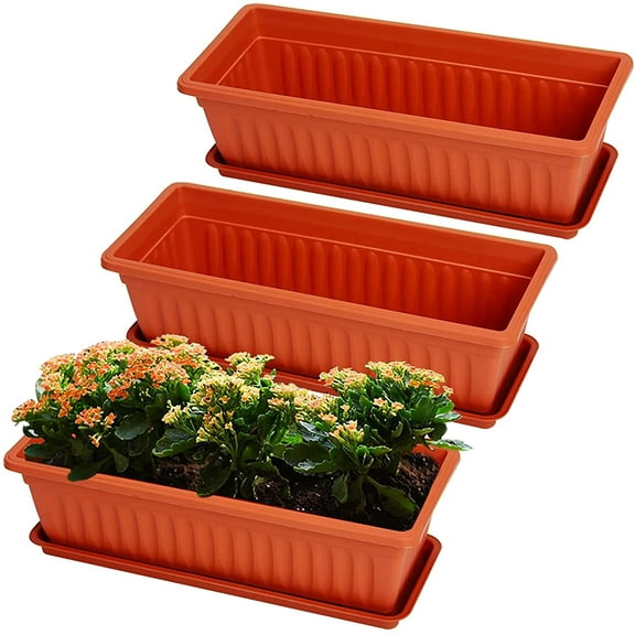 3 Pcs Window Box Flower Pots with Saucer, 15 Inches Plastic Rectangular Planters,for Windowsill,Patio, Garden, Home Decor, Porch (Brick Red)