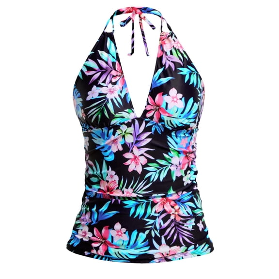 Floral Tankini Tops for Women Swimwear Top Only Halter Tummy Control Bathing Suit Hawaiian Swimsuits Tops Black XS