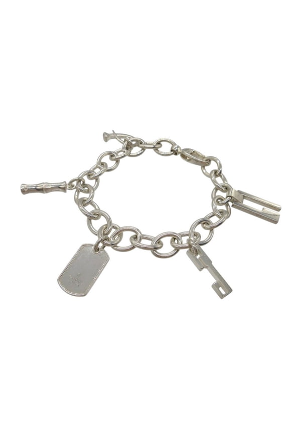 Pre-Owned Gucci 5-charm bamboo G logo dog tag icon charm bracelet... (Good)