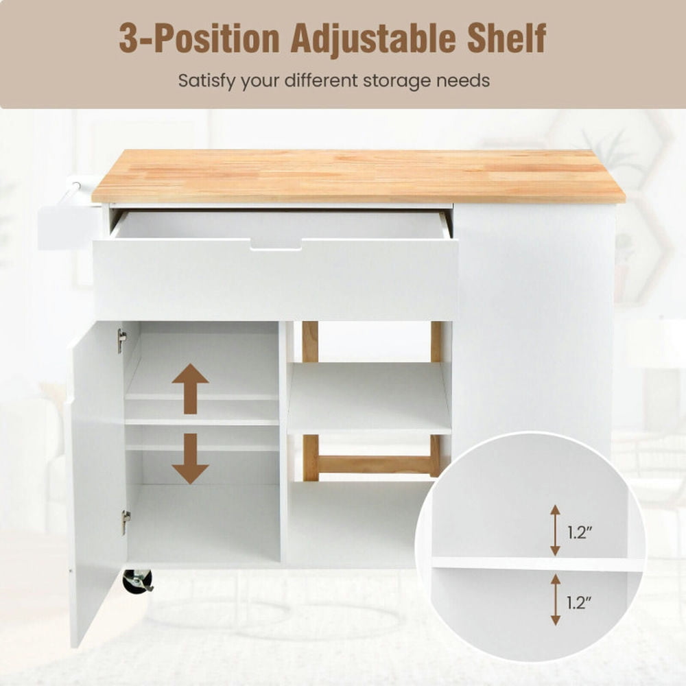Finihen Rolling Storage Cabinet Cart, Kitchen Island Cart, Drop-Leaf Kitchen Island with Rubber Wood Top, for Kitchen, Dining Room, White Finihen Rolling Storage Cabinet Cart, Kitchen Island Cart, Drop-Leaf Kitchen Island with Rubber Wood Top, for Kitchen, Dining Room, White