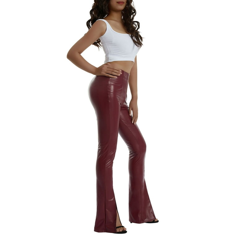 Women Sexy Faux Leather Pants High Waist Slim Pants Wide Leg Split