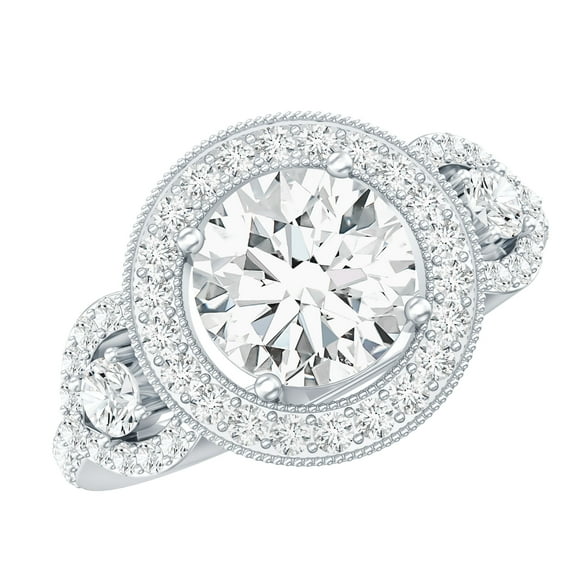 Rosec Jewels Certified Moissanite Halo Engagement Ring 2 Carat - Moissanite Statement Ring (8mm, D-VS1 Grade), 925 Sterling Silver, US 4.00