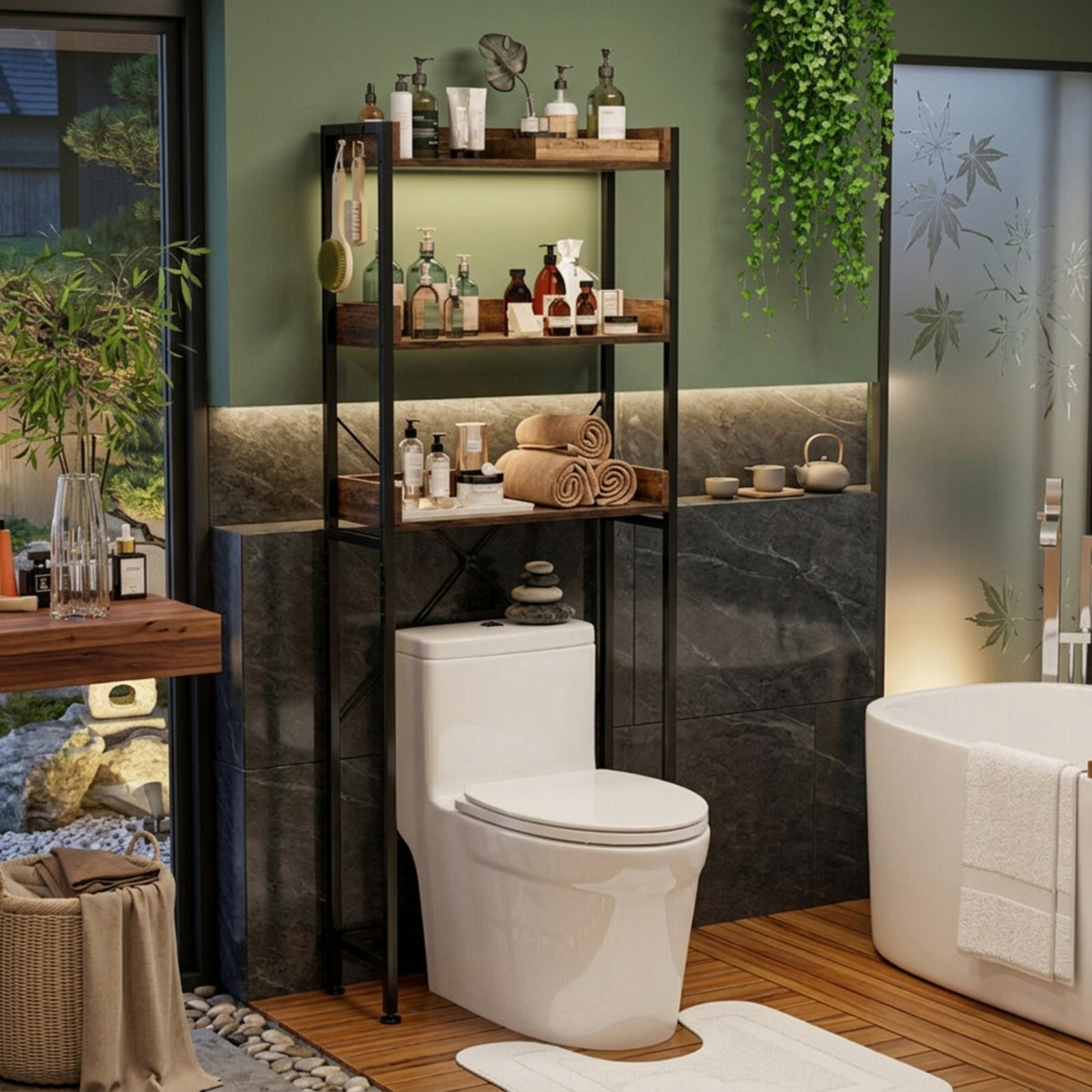 Vebreda Over-the-Toilet Storage, Over The Toilet Storage Rack with Hooks and Adjustable Bottom Bar, Large Storage Space, Make Full Use of Space