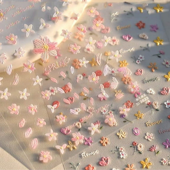 Flower Nail Stickers for Nail Art - Flower Nail Art Stickers Summer Floral Leaf Plant 5D Embossed Nail Decals Self-Adhesive Nail Art Supplies Manicure Sliders Flower Stickers for Nails Art Decoration