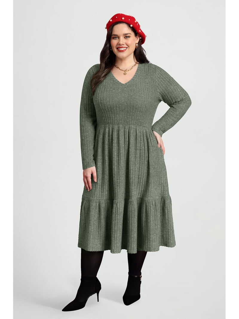 Cassie LIZ Plus Size Fall Dresses 4X Casual Green Sweater Dresses for Women Fashion Midi Elastic Waist Dresses Long Sleeve Elegant V Neck Loose Fit