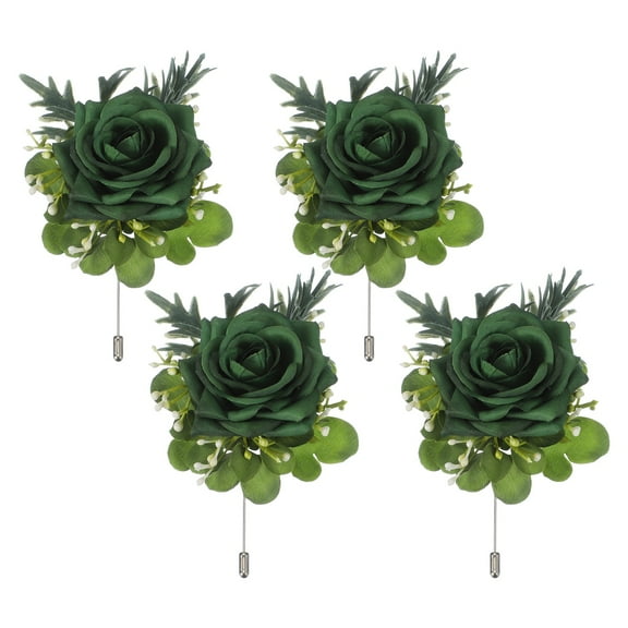 Uxcell 4 Pcs Green Boutonnieres for Men, Artificial Flower Buttonholes Pocket for Wedding Bride Groom Ceremony Anniversary Prom Party