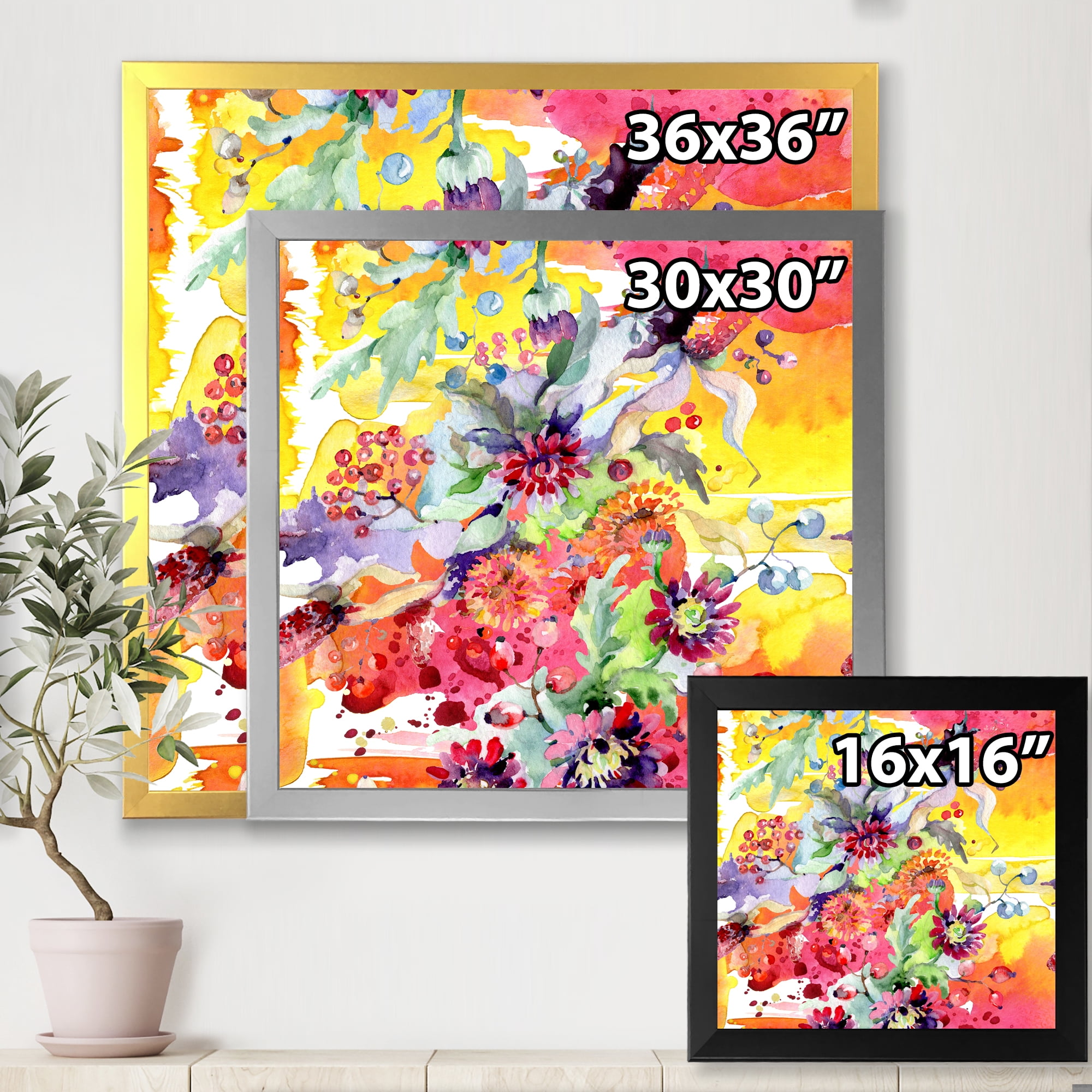 Wildflowers and Vibrant Wild Spring Leaves 30 in x 30 in Framed Painting Canvas Art Print, by Designart