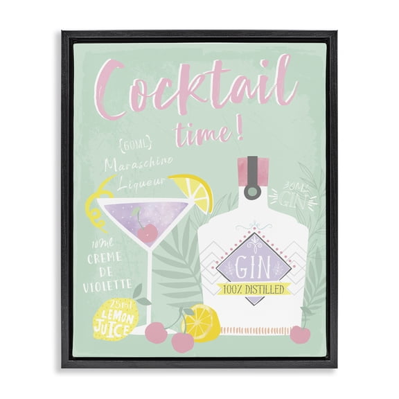 Stupell Industries Cocktail Time with Recipe Food & Beverage Painting Black Floater Framed Canvas Art Print Wall Art, 17 x 21