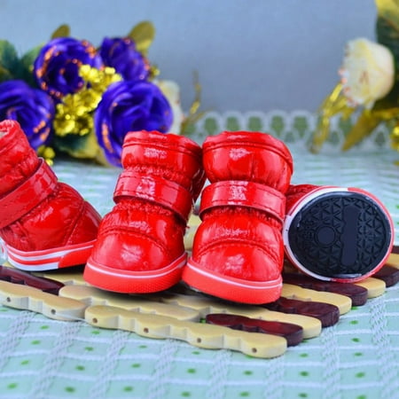 4PCS Dog Snow Boots  Plush Lining Winter Warm Puppy Sneakers Brightly Color Waterproof Anti-slip Pet Walking Shoes Red 1.88 W  1.73 L