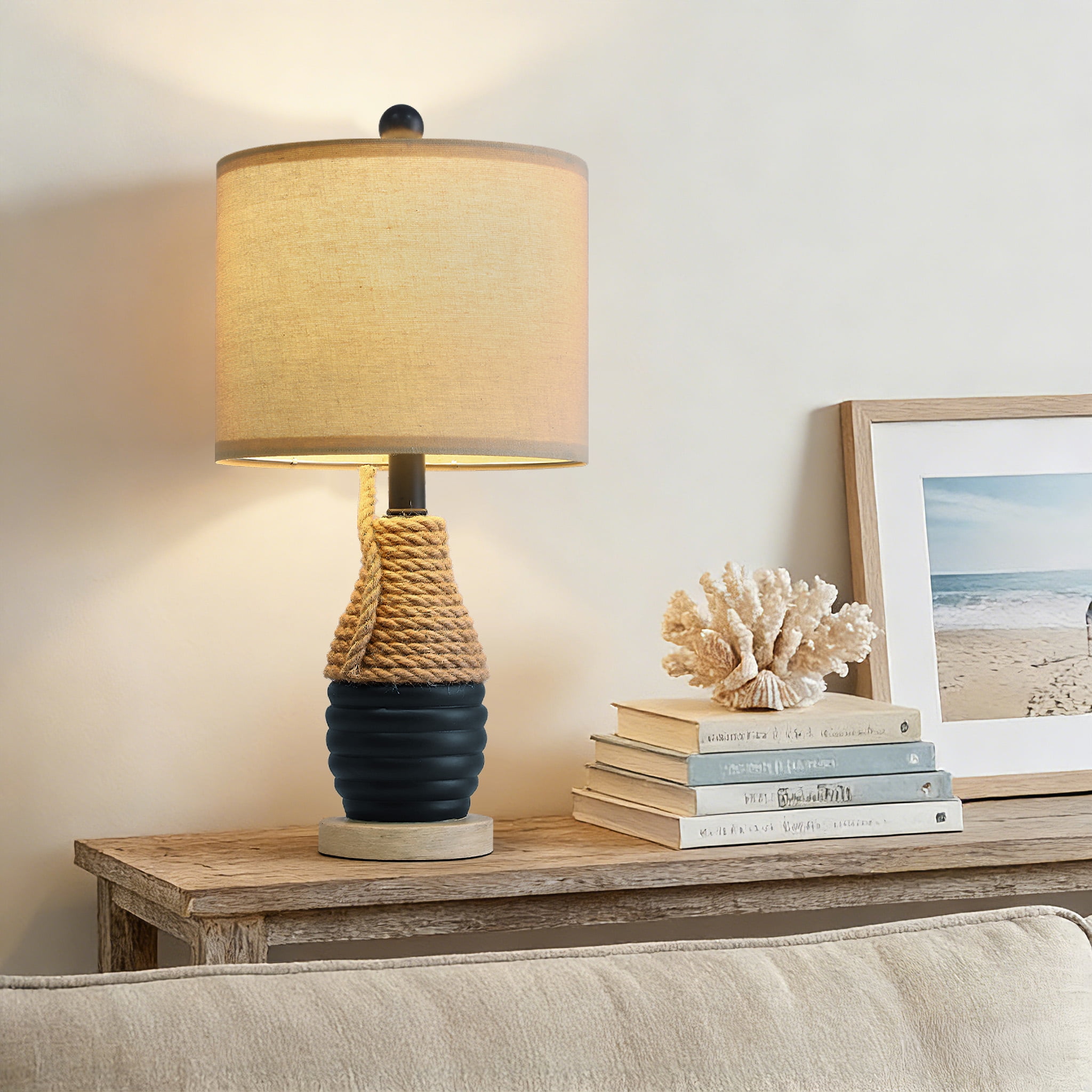 Oneach Farmhouse Table Lamp for Living Room Bedroom 20" Coastal Navy Blue Nightstands Bedside Lamps Home