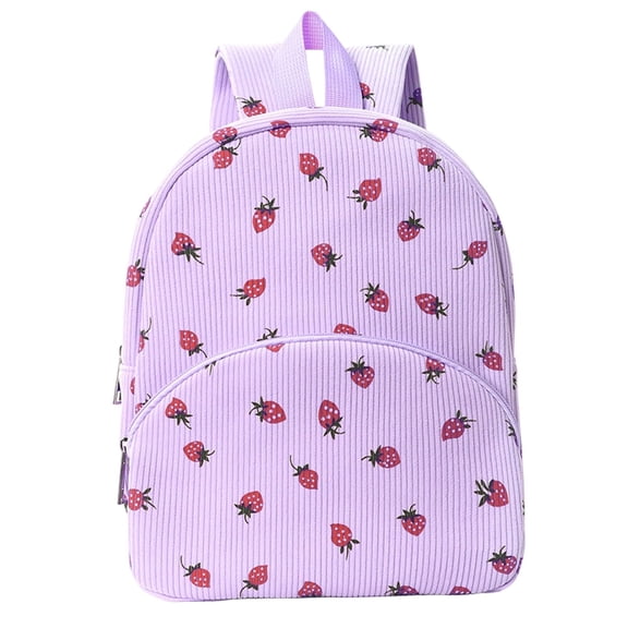 Corduroy All Over Strawberry Print Backpack Multi Front Pocket Lightweight Waterproof Back To School Casual Daypack