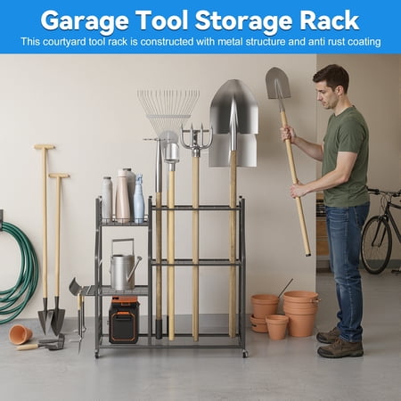 SHUO Y - Garden Tool Organizer with Lockable Wheels Heavy-Duty Yard Tools Rack for Garage Shed Garden Utility Stand Rack for Rakes Brooms Shovels Long-Handled Tools
