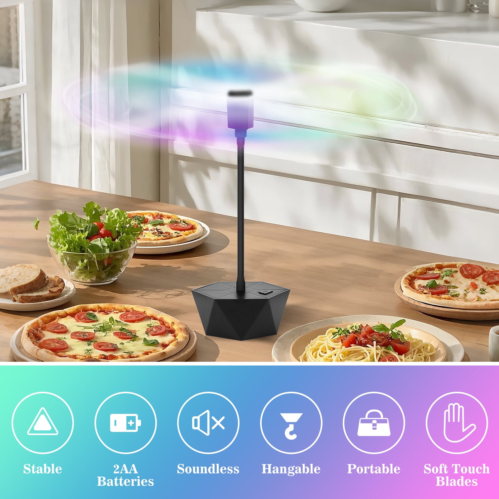 HKKDKTA Fly Fans for Tables, 4 packs Fan Portable with Holographic Blades and Hooks, Batteries Powered Table Fan for BBQ, Party, Kitchen and Picnic
