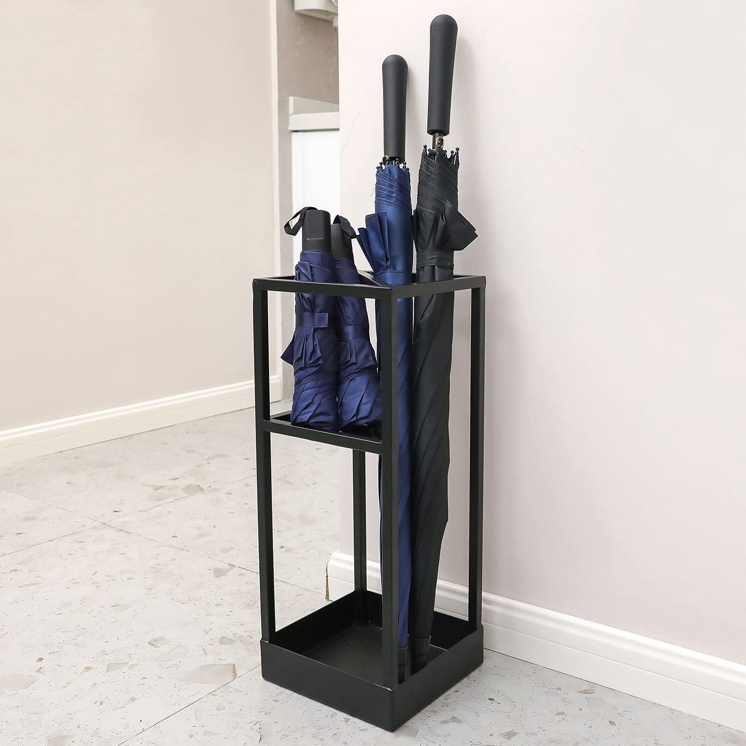 Umbrella Stand,Umbrella Holder for Entryway,20 Inch Tall Modern Metal Geometric Freestanding Umbrella Rack or Cane Holder with Shelf for Small Umbrellas and Bottom Drip Tray (Black)