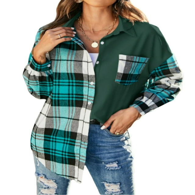 MesaSe Fashion Womens Long Sleeve Plaid Patchwork Shirts Flannel Lapel Button Down Shacket Jacket Coats