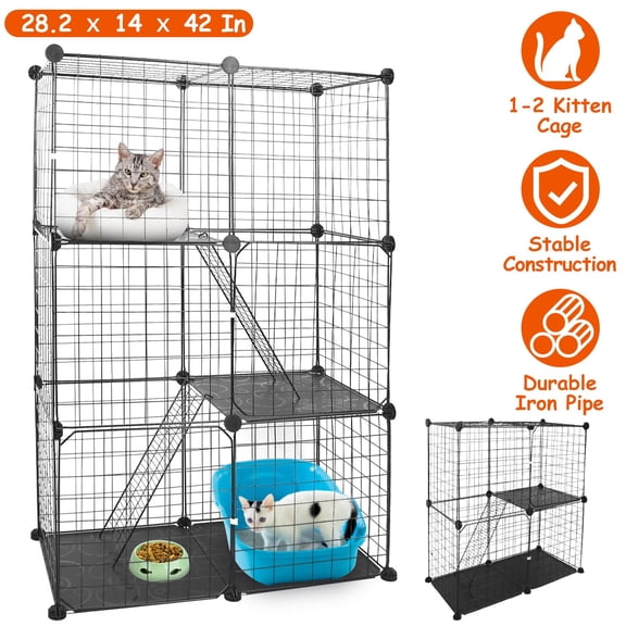 Imountek Large 3 Tier Cat Metal Fence, Detachable Crate Kennel with 2 Ladders Large Cat Cage Indoor for 1-2 Pets, Black
