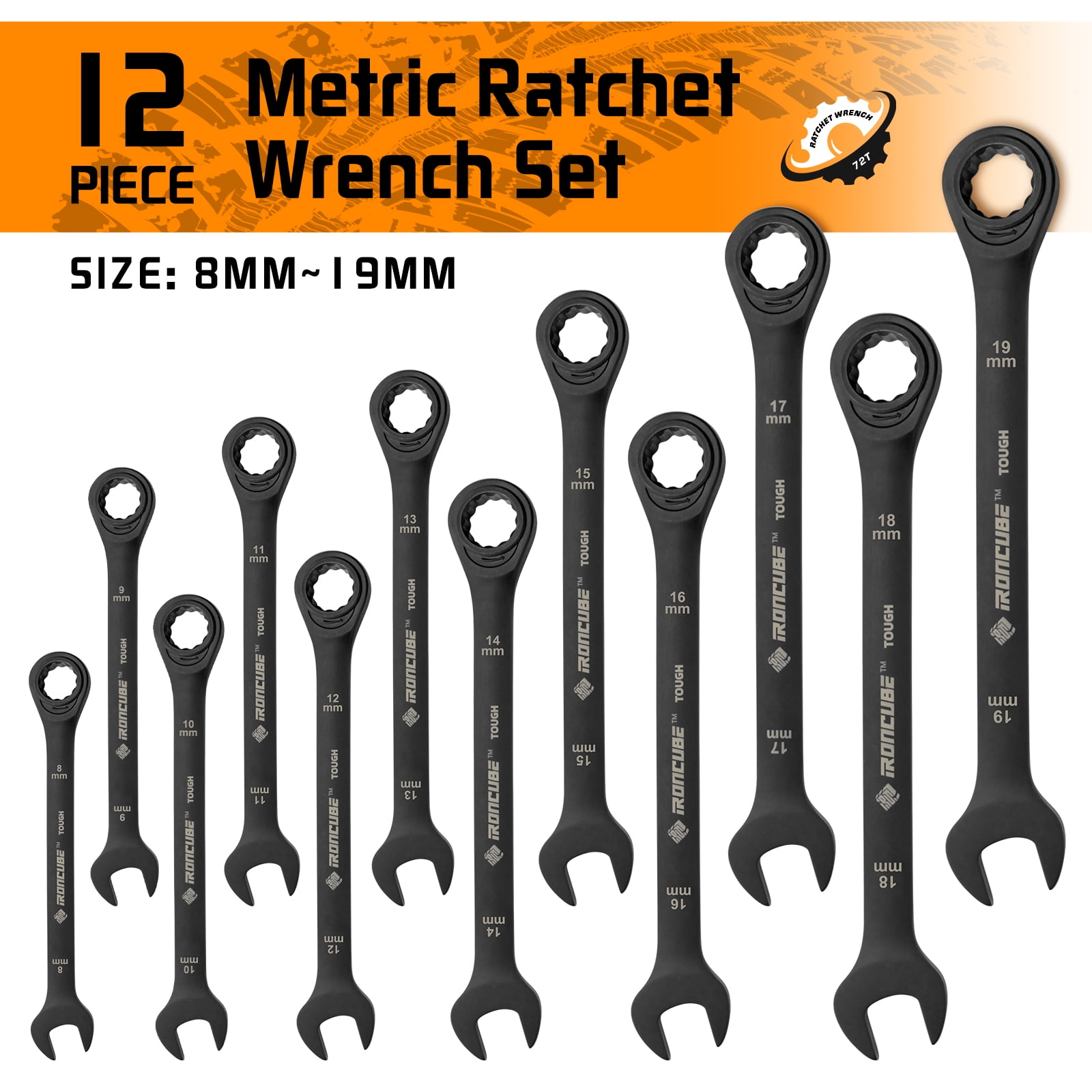 IRONCUBE Ratcheting Wrench Set, 12-Piece Tough Black, Metric 8-19mm, With Wax Canvas Storage Bag for Racing Motorcycle Backup Team's Maintenance Tools