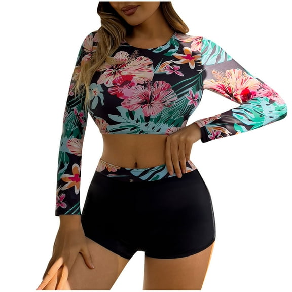Womens Two Piece Tankini Swimsuit Long Sleeve Rash Guard Bathing Suit Boyshorts Swimwear UV Sun Protection UPF 50 
