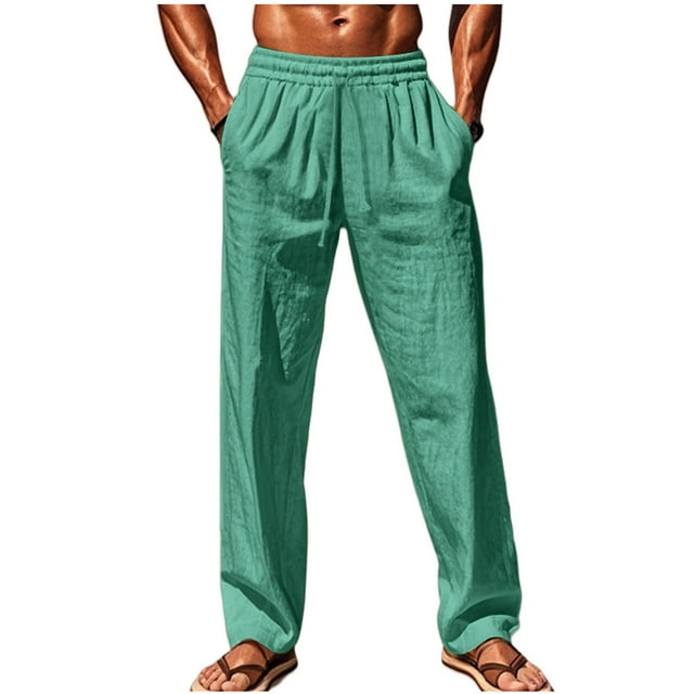fheaev Men's Solid Casual Straight Drawstring Long Pants Pocket Elastic Waist Trousers