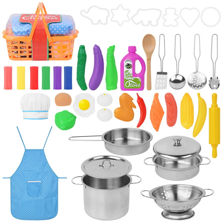 42 Pcs Play Kitchen Accessories Kitchen Playset Toddler Pretend Cookware  Toy Cooking Utensils Stainless Steel Pots and Pans Set Apron Chef Hat  Plastic