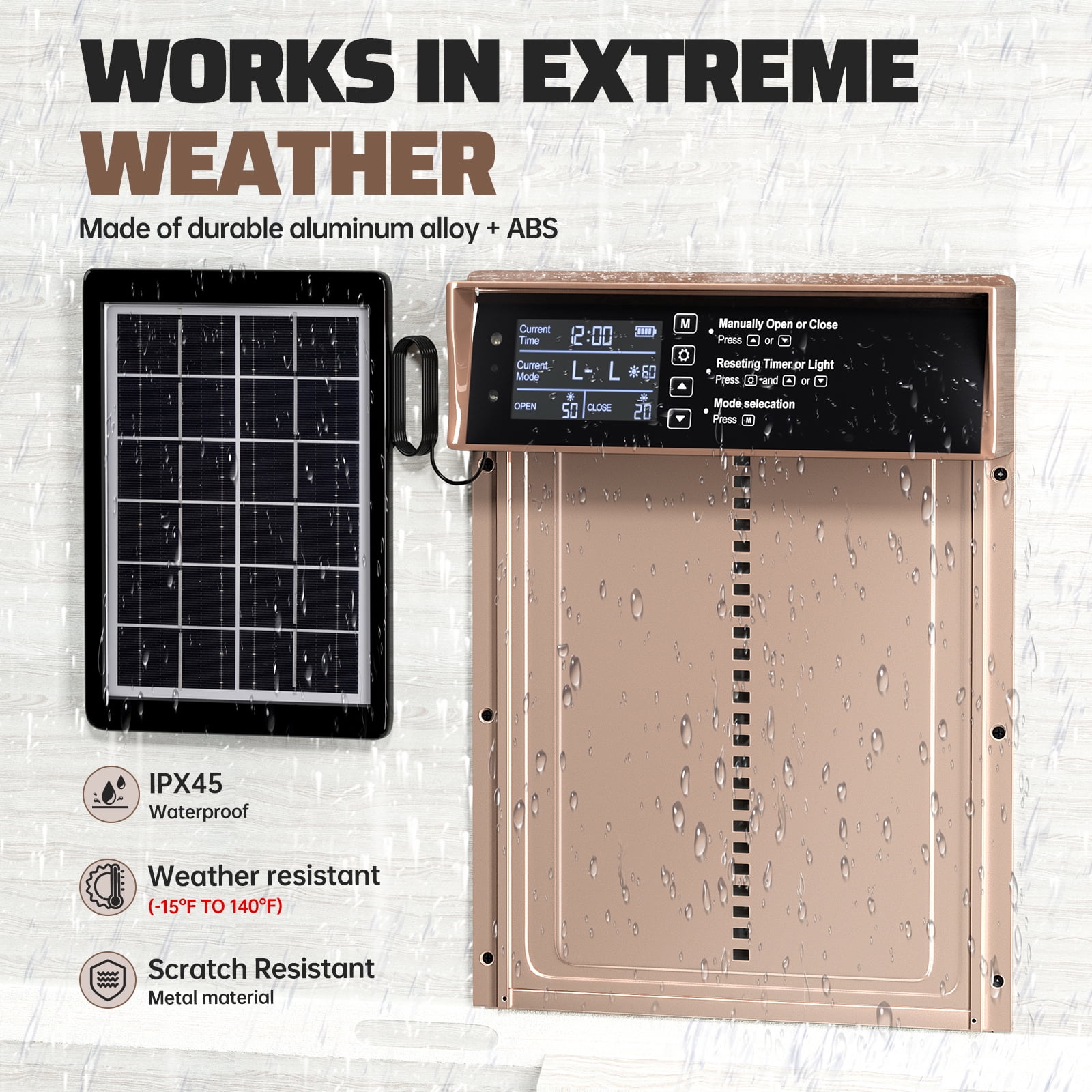 Automatic Chicken Coop Door Solar Powered Auto Chicken Door with Timer & Light Sensor, Anti-Pinch & Alert, LCD Screen, Remote Control Aluminum Waterproof,Gold